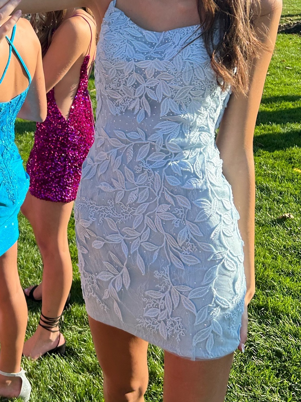 Sherri Hill Light Blue Lace Appliqué Prom Dress with Crisscross Back